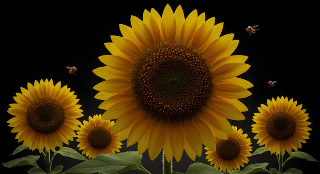 Bright Sunflowers with Ai Flying Robotic Bees on Black Background - Powered by Adobe