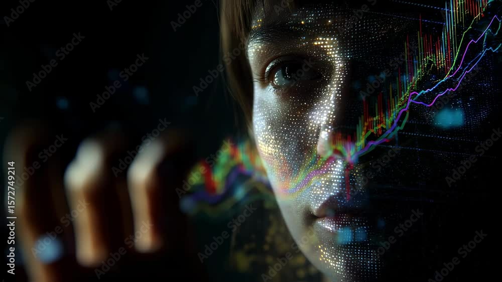 Poster projected financial data consisting of colorful charts and graphs illuminates the face and hand of a