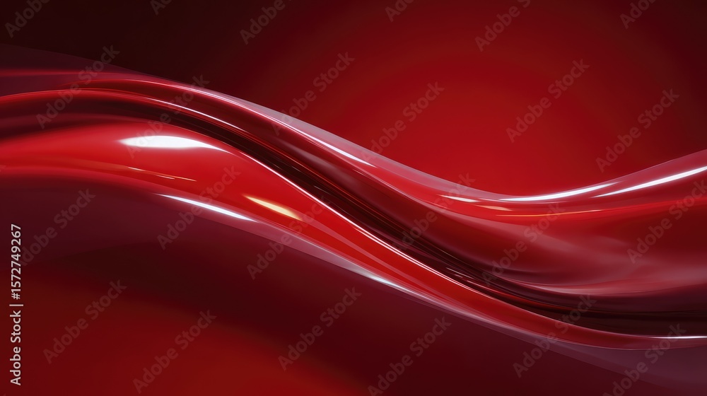 Poster glossy red surface with reflective abstract wave patterns, modern look with copy space in center