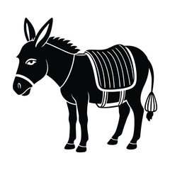 Simple black silhouette of a donkey with its head bowed carrying a small load on its back suitable for banners and advertisements