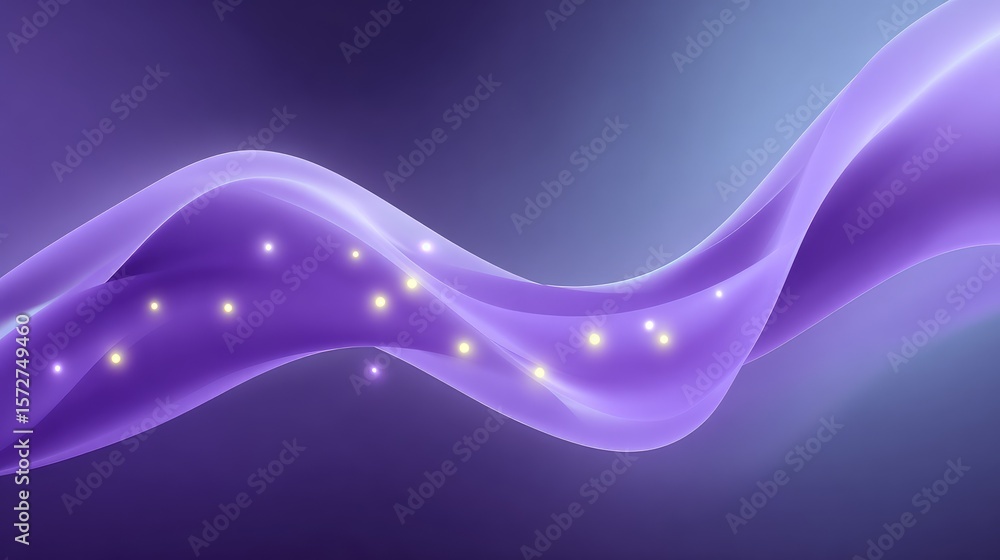 Poster gradient purple backdrop with glowing particles and soft curves, dreamy atmosphere with blank center