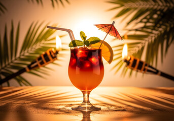 Layered Mai Tai Cocktail with Mint and Umbrella in Vintage Tiki Beach Party Scene

