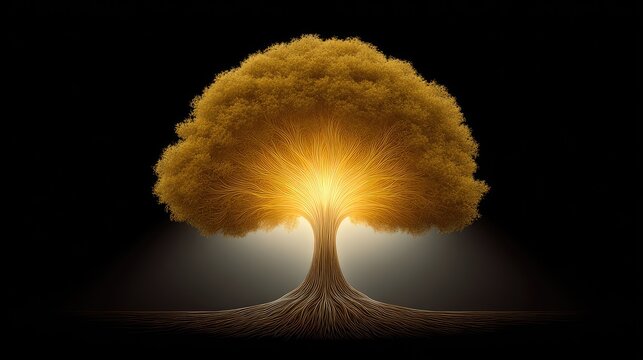 Golden tree of life symbol over dark background, radiating light and symmetry with room for overlay