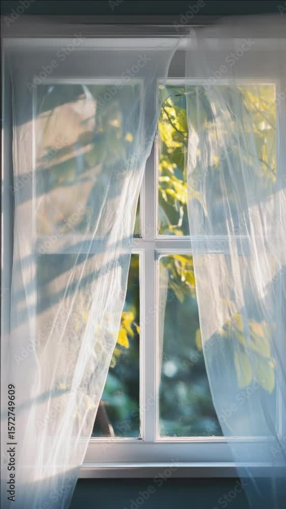 Poster serene view from a window showing sunlight filtering through the curtains, highlighting the outdoors