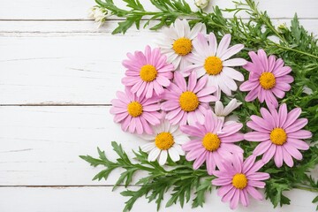 Fototapeta premium Flowers daisies chamomiles flat lay on wooden background with copy space