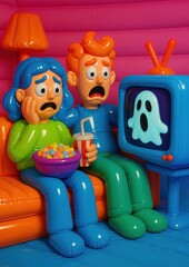 Naklejka premium Colorful inflatable cartoon characters watching TV.