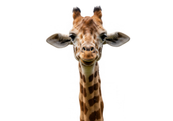 A giraffe head and neck are isolated on a transparent background