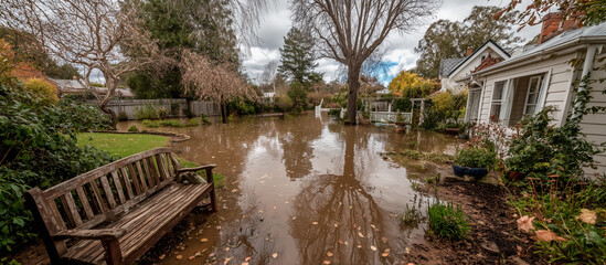Severe backyard flood suburban home autumn leaves muddy water storm damage environmental disaster property risk banner background copy space climate change rain weather devastating insurance house ad 