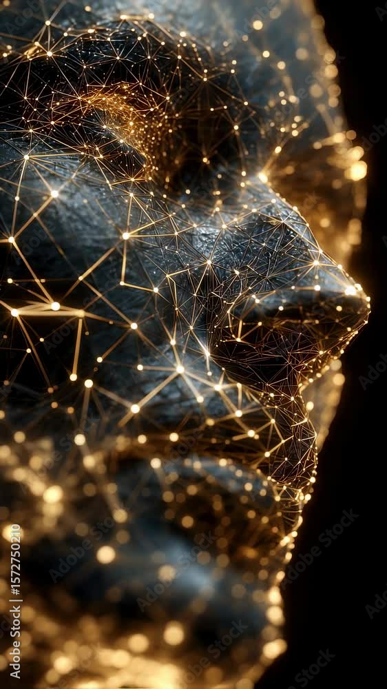 Poster stunning visualization of a cybernetic human face composed of glowing geometric shapes and interconn