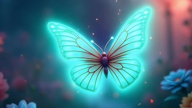 sparkling magical butterfly flying through neon lit garden leaving shimmering trails enchanted particles seamless video loop fantasy themed digital animation