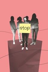 Creative composite sketch artwork collage of crowd young man stand hold banner stop feminism power...