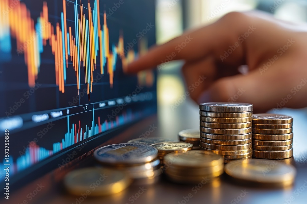 Poster analyzing financial trends with currency stacks and digital data visualization
