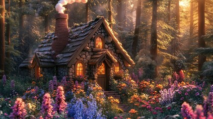 Obraz premium Enchanting Stone Cottage in a Sunlit Forest, Surrounded by Colorful Flowers and Smoke