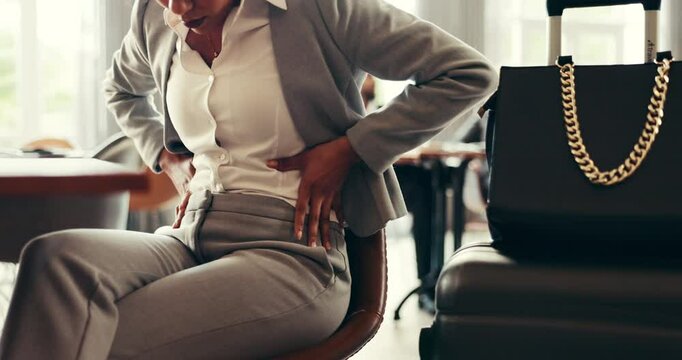 Stomach, pain and hands of woman in lobby with period ache in abdomen, ibs or travel medical emergency. Health, business person and work trip with constipation, digestion or menstrual cramps