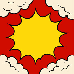 visually arresting pop art background with a dominant yellow explosion shape in the middle, framed by puffy clouds, creating a sense of energy and excitement