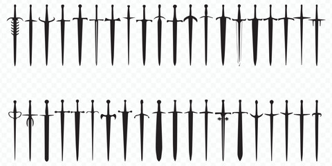 medieval sword vector silhouettes set featuring knight blade designs and fantasy weapons for gaming, historical projects