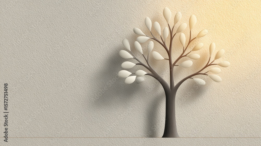 Poster minimalist tree of life icon on textured paper background, soft shadows and clean composition with s