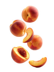 Ripe Peaches and Slices Falling and Spinning on Transparent Background

