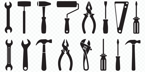 collection of essential construction and repair hand tool silhouette vector icons in black