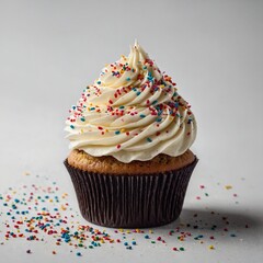 Delicious cupcake with vanilla frosting and sprinkles
