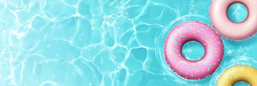 Summer pool party invitation template featuring colorful floats and sparkling water