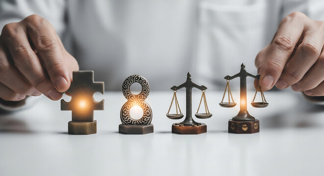 Women Equality Day: Justice Scales, Infinity Symbol, and Puzzle Piece Symbolizing Progress and Fairness