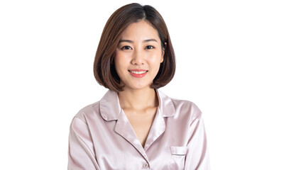 Fototapeta premium Casual portrait of smiling young woman in pajamas home setting professional photography indoor close-up lifestyle concept