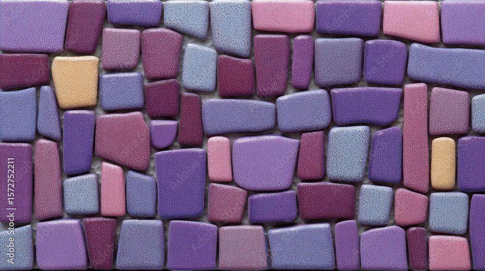 Poster mosaic tile pattern in various purple tones arranged in abstract order, clean space across top