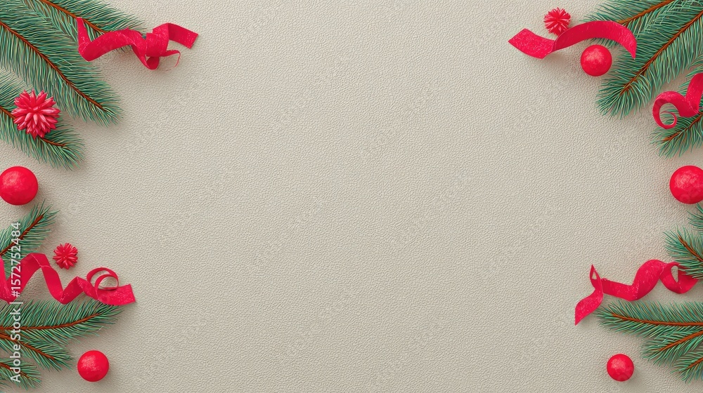 Poster neutral background with fir twigs, ribbon curls, and mini ornaments forming a frame with empty space