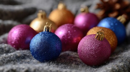 Colorful Christmas ornaments scattered on a cozy blanket, perfect for festive holiday decor and backgrounds.