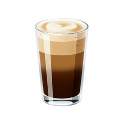 Glass of layered coffee drink with cream on top, set against a simple background