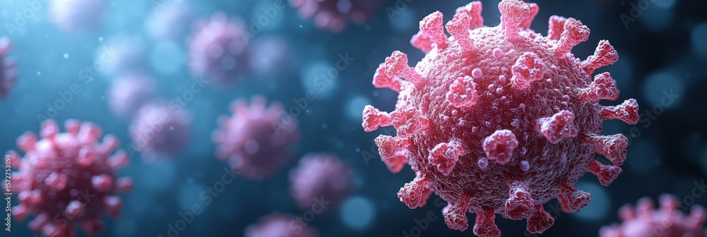 Poster graphic layout showing virus particles with a blurred background in a scientific setting