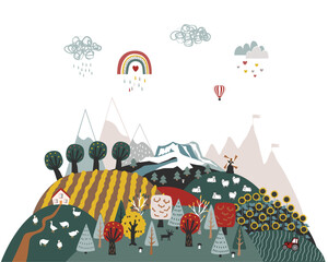 Cute hills background with doodle hand drawn Scandinavian mountains and fields landscape. Creative children texture. Modern cartoon style vector illustration