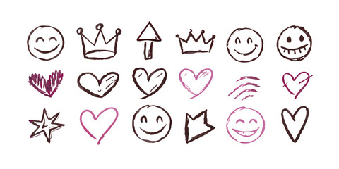 Smile doodle emoji faces in hand drawn vector doodle sketchy style. Happy, sad, crying emotional scribbles, comic elements for business design.
