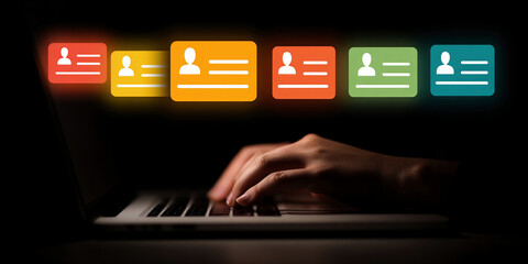 Businessman messaging team with using laptop computer. Collaboration platform. Employee communication and knowledge sharing on discussion forums in internal social network.