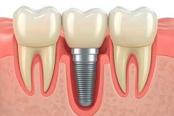 Graphic design layout for dental advertising featuring a dental implant and surrounding teeth