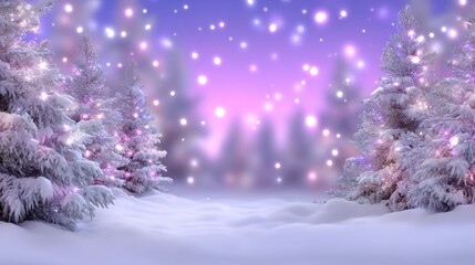 Snow-covered trees adorned with glowing pink lights in a serene winter forest at dusk.