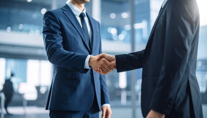 スーツ姿の男性同士が力強く握手しているビジネスシーンのイメージ。