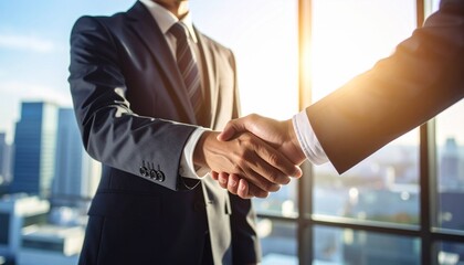 西陽が差している室内。スーツ姿の男性同士が力強く握手しているビジネスシーンのイメージ。