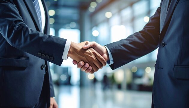 スーツ姿の男性同士が力強く握手しているビジネスシーンのイメージ。