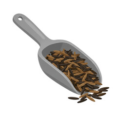Close-up of a metal scoop filled with mixed grains on a clean, white background