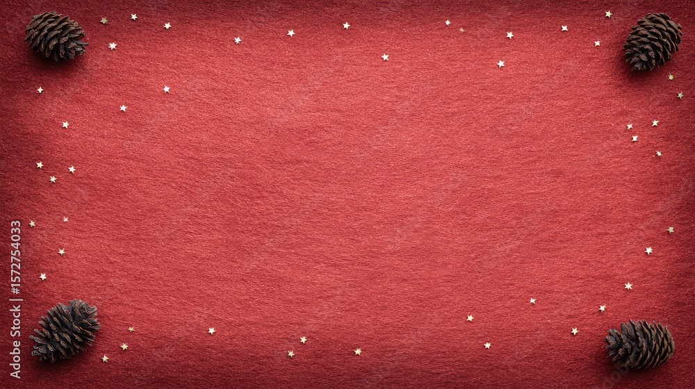 Aufkleber rich red texture with shadowed pine cones and twinkling stars forming a soft edge frame, center left
