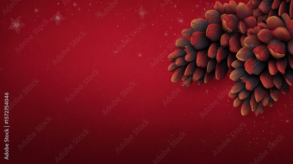 Aufkleber rich red texture with shadowed pine cones and twinkling stars forming a soft edge frame, center left