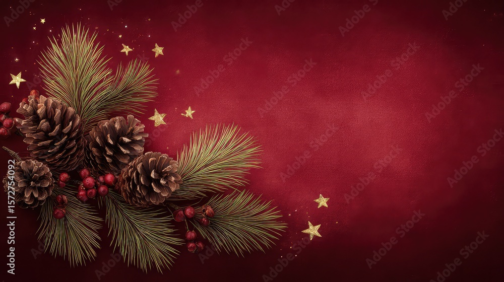 Aufkleber rich red texture with shadowed pine cones and twinkling stars forming a soft edge frame, center left