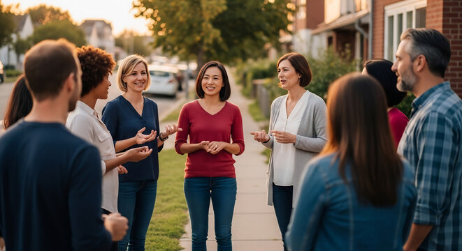 Diverse Neighbors Building Community at National Night Out Event on Suburban Block