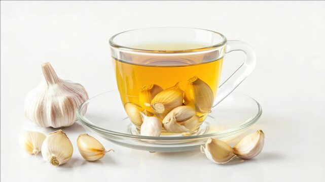 A cup of tea with garlic cloves in it. The cup is on a white surface