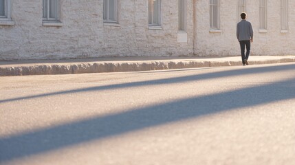 Man walking alone on a quiet street enjoying a moment of peace and reflection in sunlight