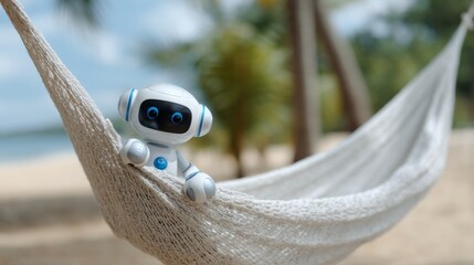 A small robot enjoys a peaceful moment in a hammock overlooking the beach and palm trees