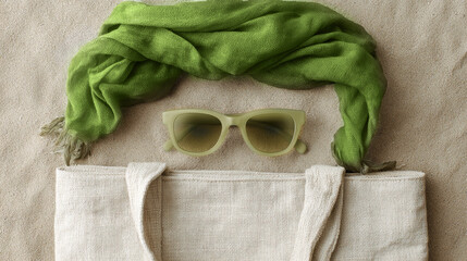 Green scarf and sunglasses arranged on a beige fabric background with a stylish tote bag