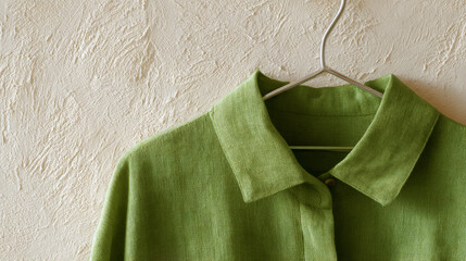 Green linen shirt hanging on a hanger against textured wall with soft natural lighting